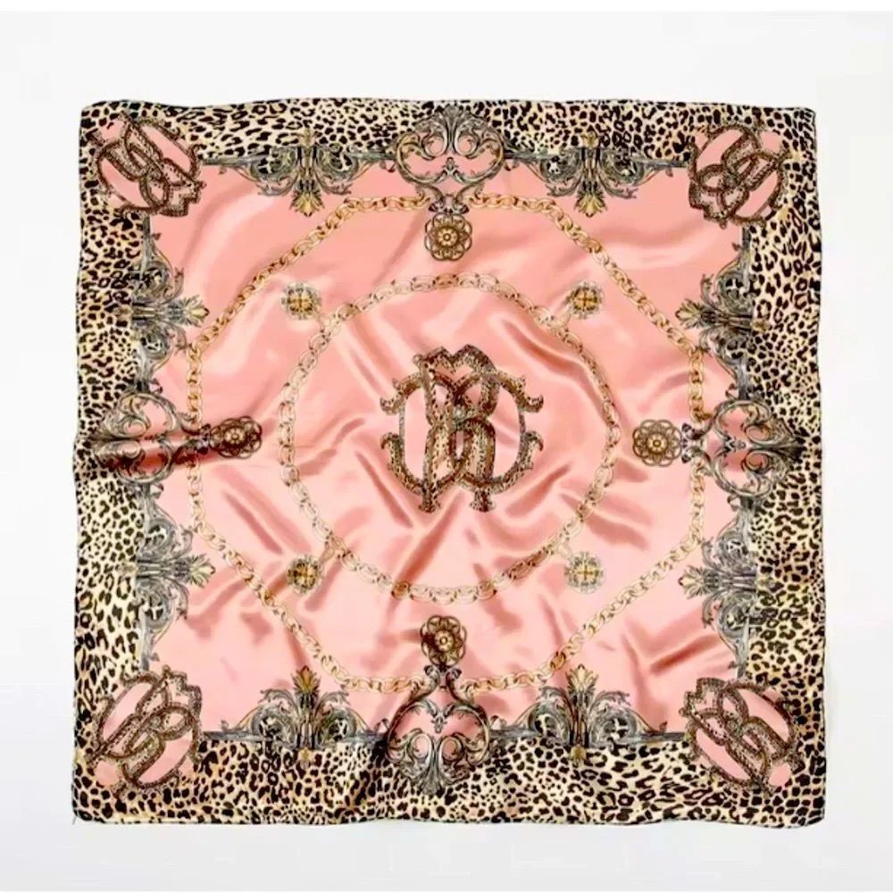 NEW! Pink Silky Satin Square Scarf Leopard Printed Head Handkerchief